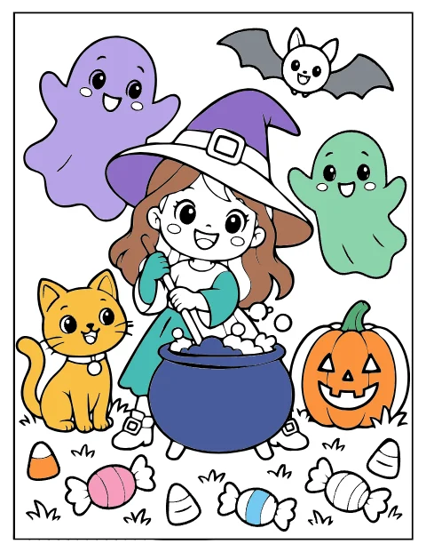 The Little Witch and Her Cauldron page, half colored in the online coloring tool: purple and green ghosts, an orange pumpkin, a yellow cat