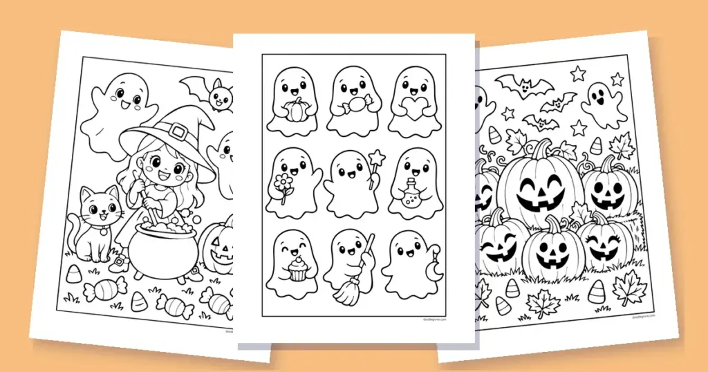 Three Halloween coloring pages fanned out: a little witch with her cauldron, nine little ghosts and a pumpkin patch of jack-o'-lanterns