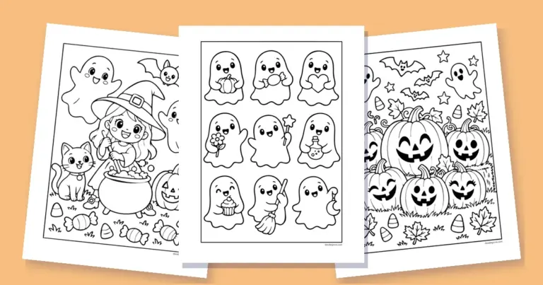 Three Halloween coloring pages fanned out: a little witch with her cauldron, nine little ghosts and a pumpkin patch of jack-o'-lanterns