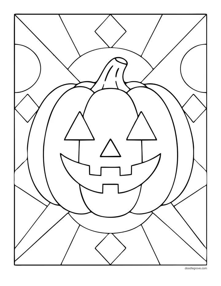 Geometric Jack-o'-Lantern coloring page: a big jack-o'-lantern with triangle eyes in front of rays, diamonds and half circles