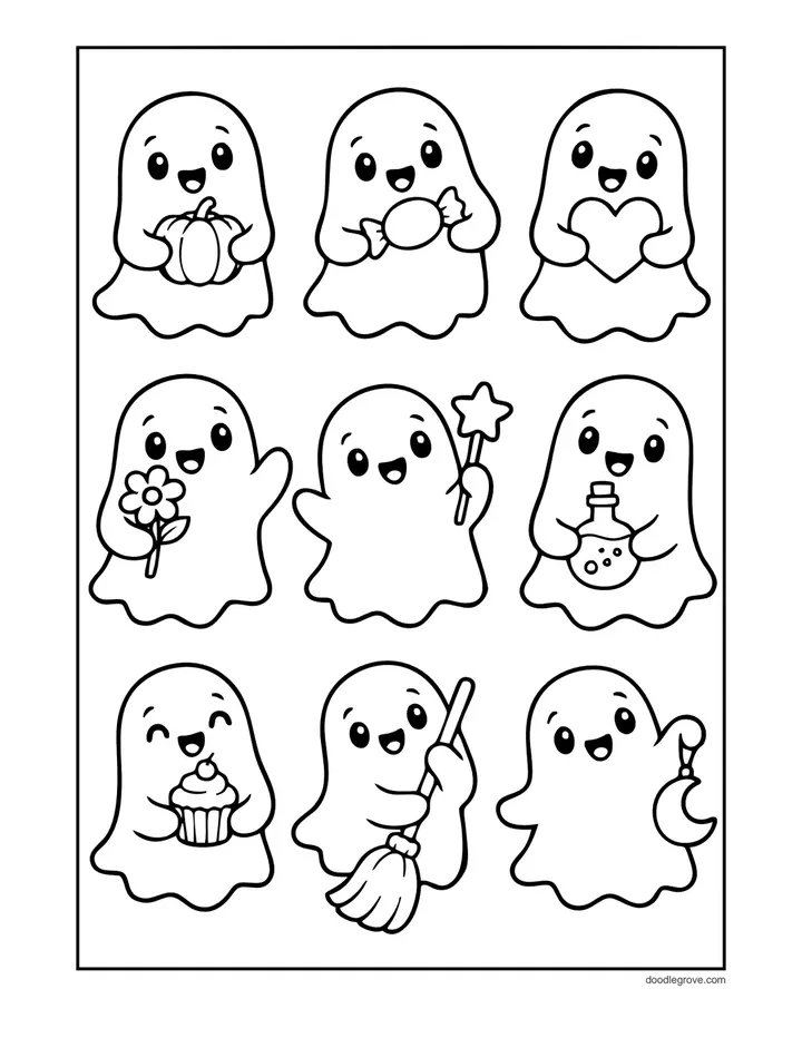 Nine Little Ghosts coloring page: nine smiling ghosts in a grid, each holding a pumpkin, candy, a heart, a flower, a wand, a potion, a cupcake, a broom or a moon