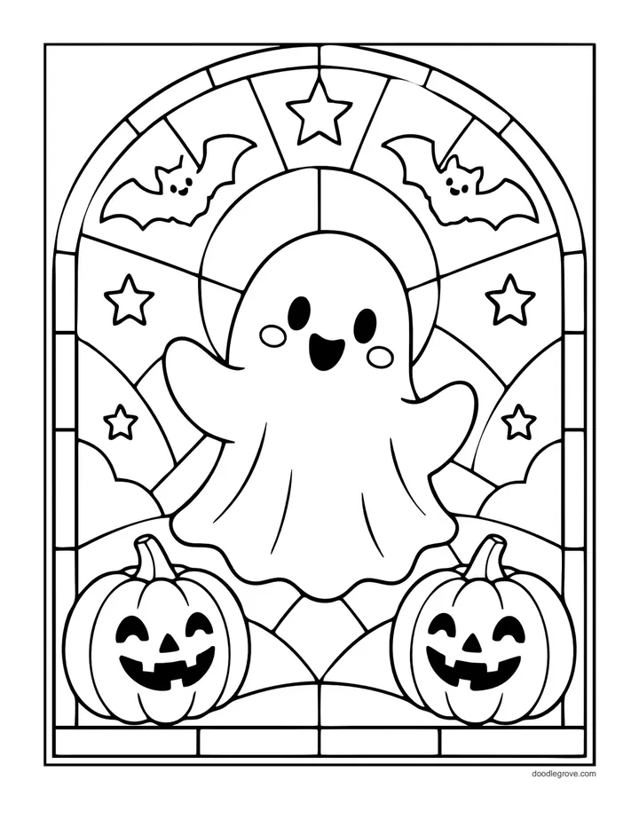 Stained Glass Ghost coloring page: a ghost in an arched window with two jack-o'-lanterns, bats and stars in separate panels