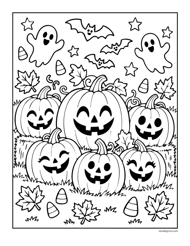 Pumpkin Patch Faces coloring page: six jack-o'-lanterns with different faces among leaves, ghosts, bats and candy corn