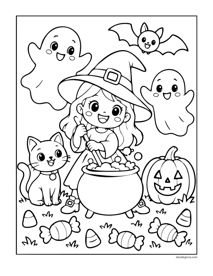 Little Witch and Her Cauldron coloring page: a smiling girl witch stirring a cauldron beside a cat, two ghosts, a bat and a jack-o'-lantern