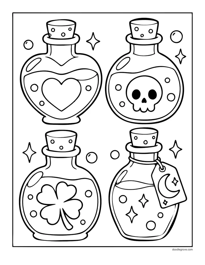 Four Potion Bottles coloring page: corked bottles with a heart, a skull, a clover and a moon tag