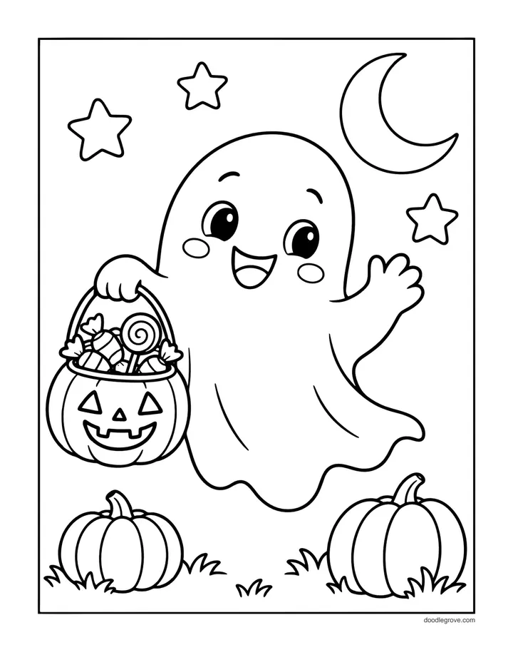 Ghost with a Candy Bucket coloring page: a smiling ghost waving and holding a jack-o'-lantern bucket full of candy, with two pumpkins, stars and a crescent moon