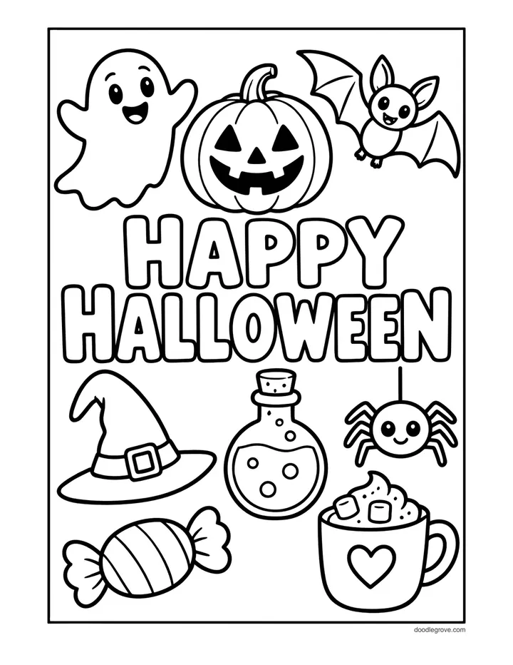 Happy Halloween Sticker Page coloring page: the words Happy Halloween with a ghost, a jack-o'-lantern, a bat, a witch hat, a potion, a spider, a candy and a mug of cocoa