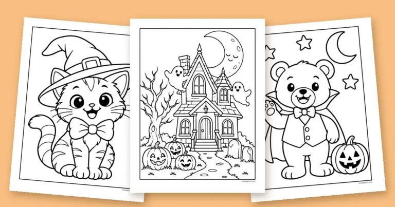 Three Halloween coloring pages fanned out: a kitten in a witch hat, a haunted house with happy pumpkins and a vampire teddy bear