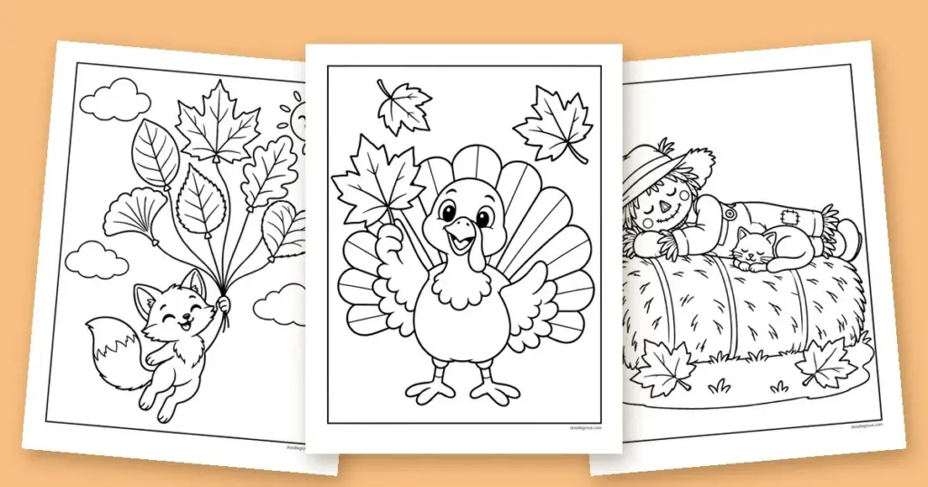 Three November coloring pages fanned out: a fox floating on leaf balloons, a turkey holding a maple leaf and a scarecrow napping on a hay bale with a kitten
