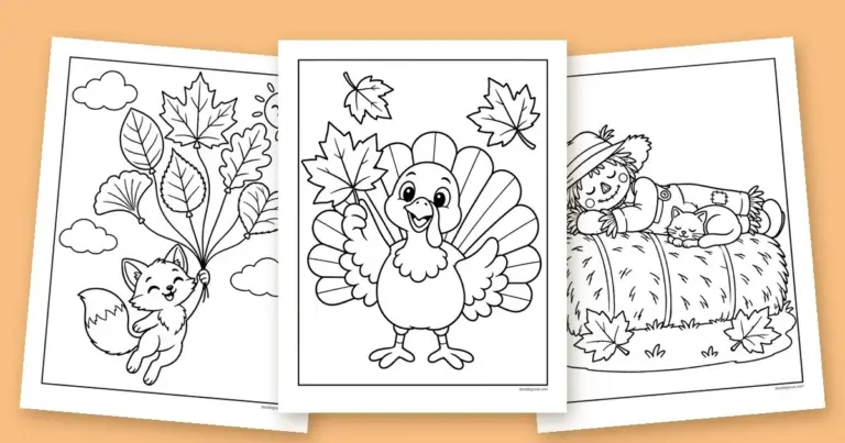 Three November coloring pages fanned out: a fox floating on leaf balloons, a turkey holding a maple leaf and a scarecrow napping on a hay bale with a kitten