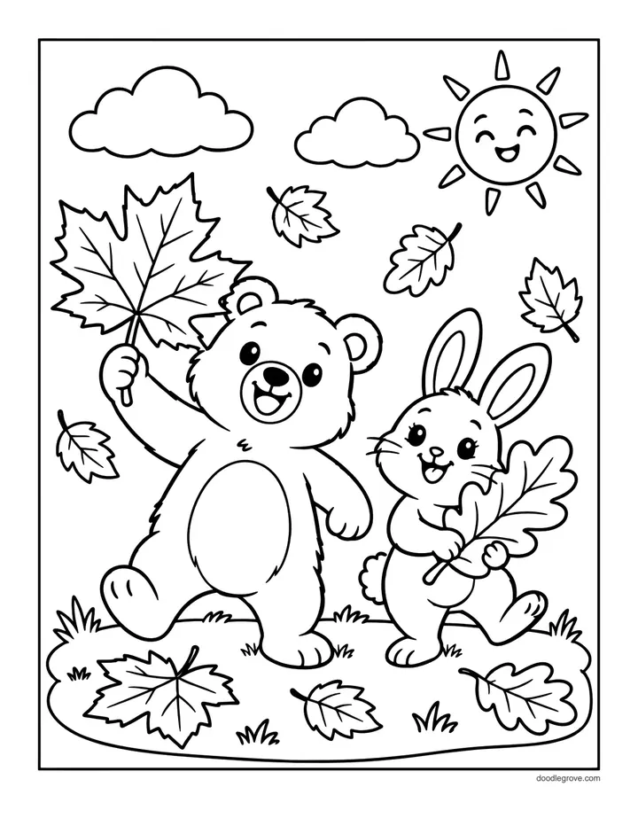 Bear and Bunny Playing in the Leaves coloring page: a bear and a bunny holding maple and oak leaves on the grass, with falling leaves, clouds and a smiling sun