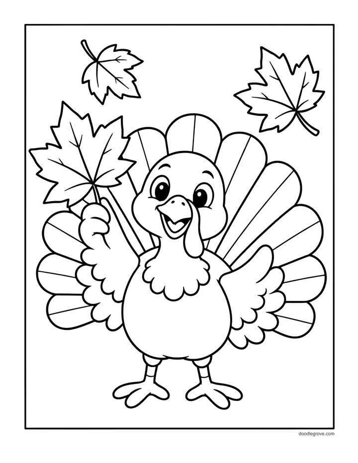 Turkey with Maple Leaves coloring page: a smiling turkey with a fanned tail holding up a maple leaf, with more leaves falling around it