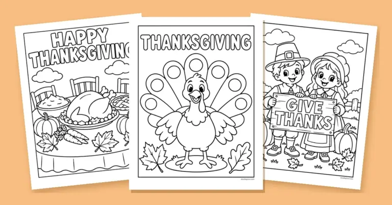 Three Thanksgiving coloring pages fanned out: a dinner table with a roast turkey, a turkey with round tail feathers and two pilgrim kids holding a Give Thanks sign