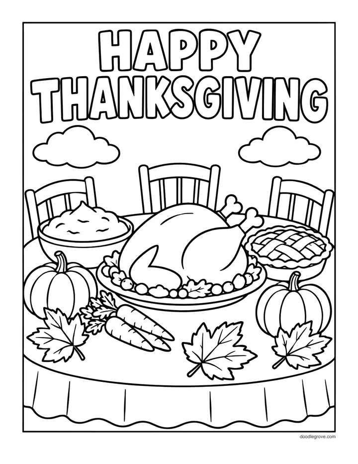 Thanksgiving Dinner Table coloring page: a table set with a roast turkey, pies, mashed potatoes, pumpkins and carrots under the words Happy Thanksgiving