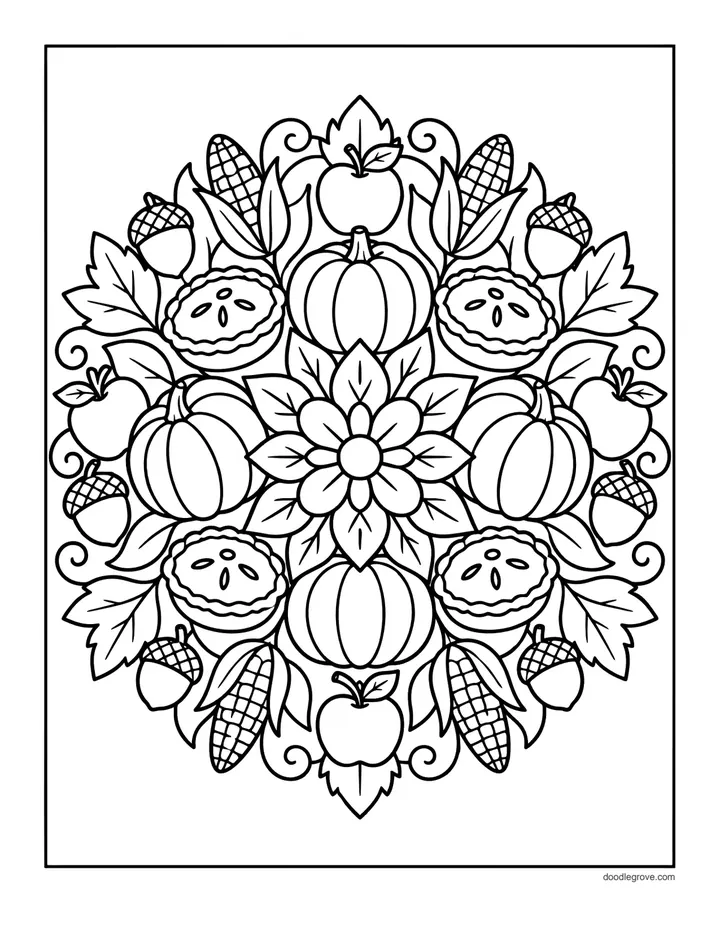 Harvest Mandala coloring page: a round mandala made of pumpkins, pies, corn, apples, acorns and leaves around a flower