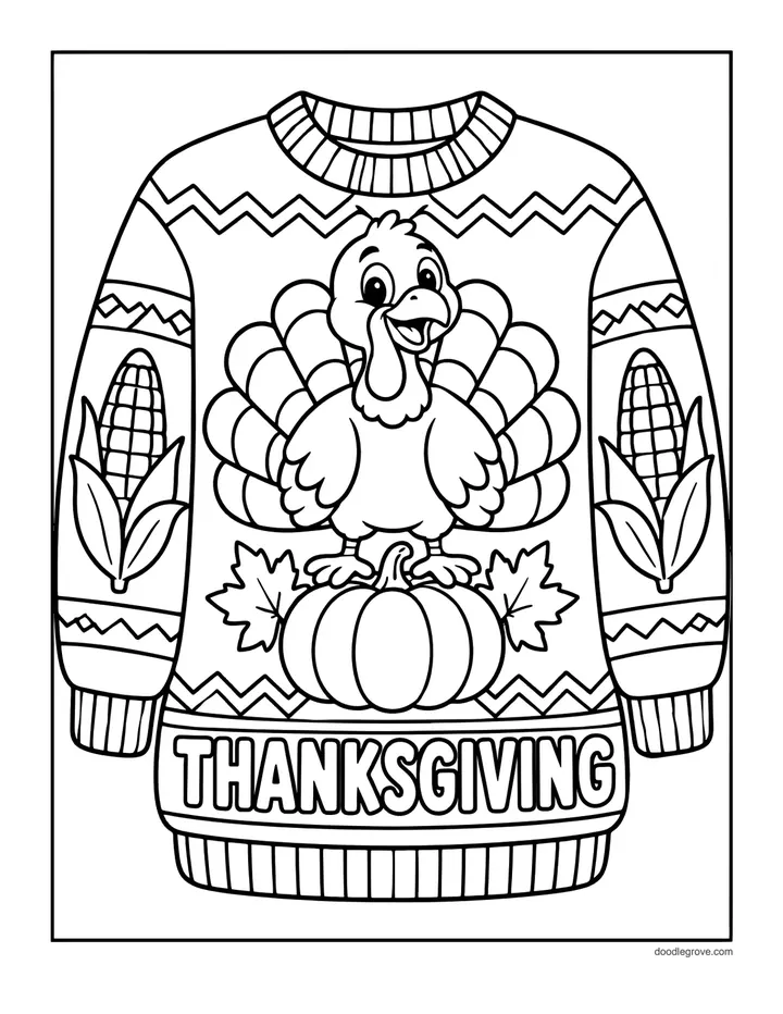 Thanksgiving Sweater coloring page: a knitted sweater with a turkey, pumpkins, corn and leaves and the word Thanksgiving