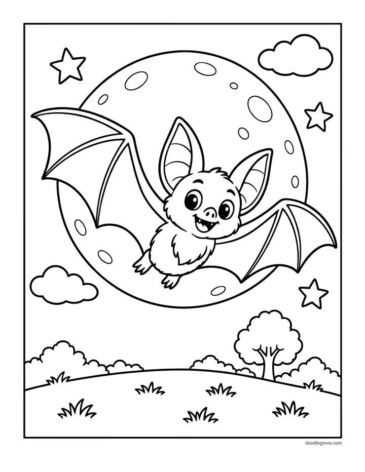 Bat Flying Past the Moon coloring page: a smiling bat flying in front of a large full moon with clouds and bushes below