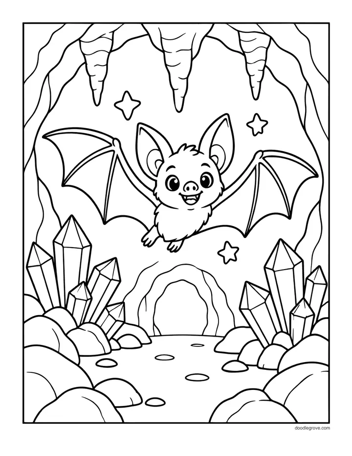 Bat Flying Through a Cave coloring page: a bat flying past crystals and stalactites toward a cave tunnel.