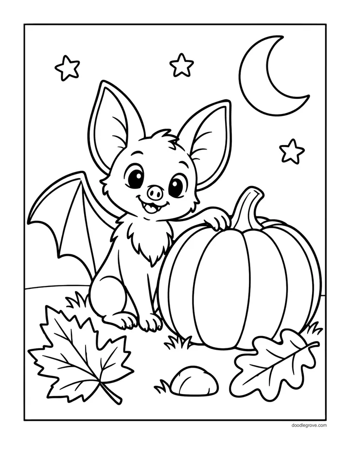 Bat with a Pumpkin coloring page: a cute fluffy bat sitting beside a plain round pumpkin under a crescent moon and stars