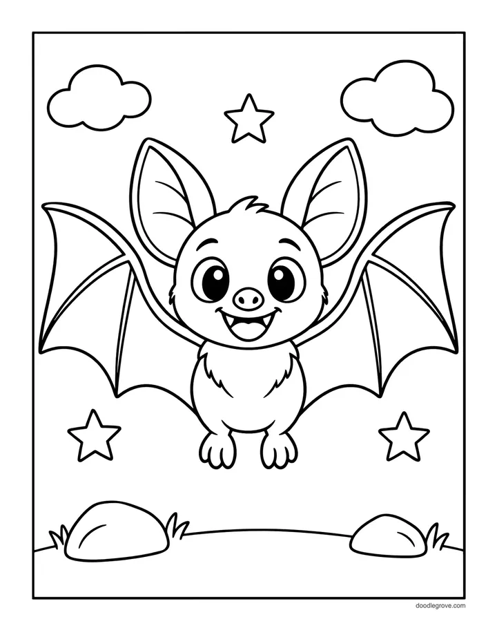 Simple Smiling Bat coloring page: a cheerful round-eared bat with little fangs flying past clouds and stars