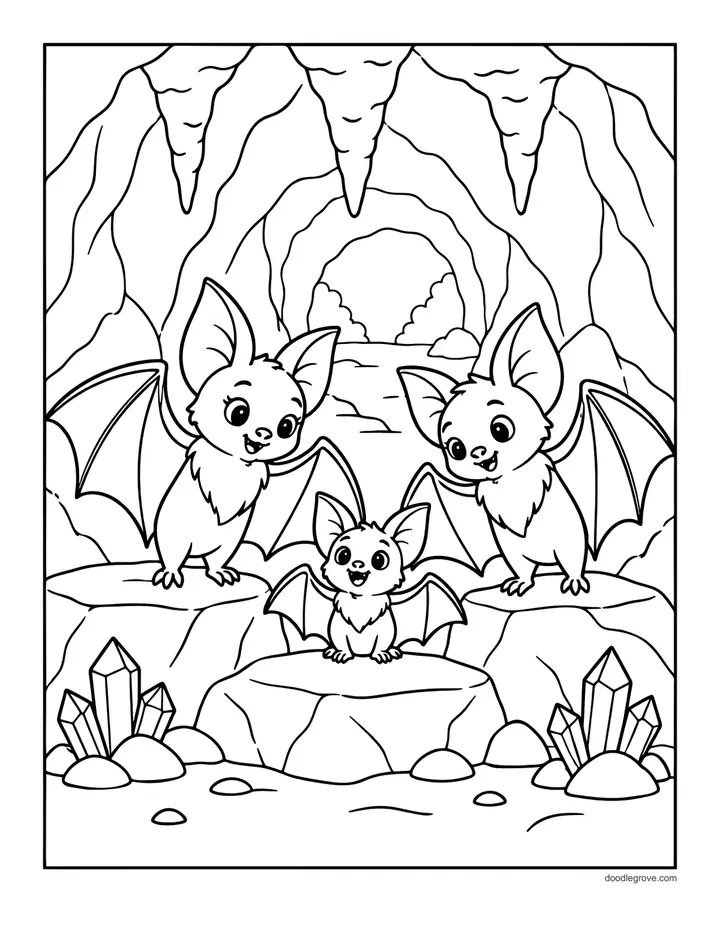 Bat Family in a Cave coloring page: three bats, two grown-ups and a little one, together in a crystal cave.