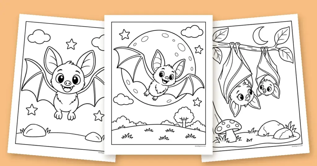 Three bat coloring pages fanned out: a baby bat flying past a full moon, a simple smiling bat with spread wings, and two bats hanging upside down from a branch.