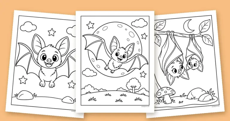 Three bat coloring pages fanned out: a baby bat flying past a full moon, a simple smiling bat with spread wings, and two bats hanging upside down from a branch.
