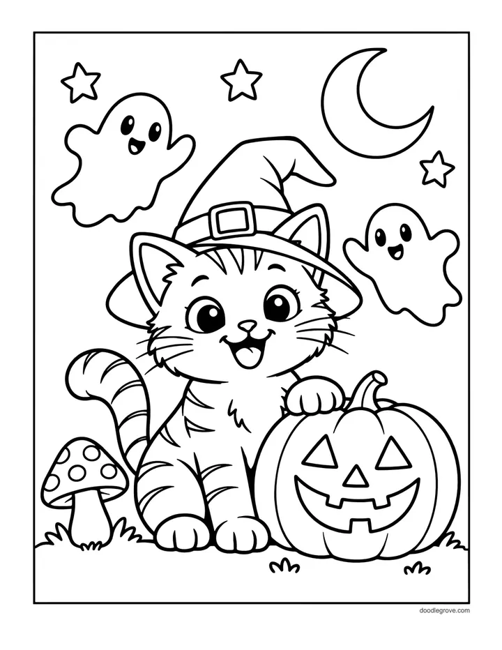 Witch Cat and Pumpkin coloring page: a kitten in a witch hat sits beside a smiling jack-o'-lantern under a crescent moon with two little ghosts