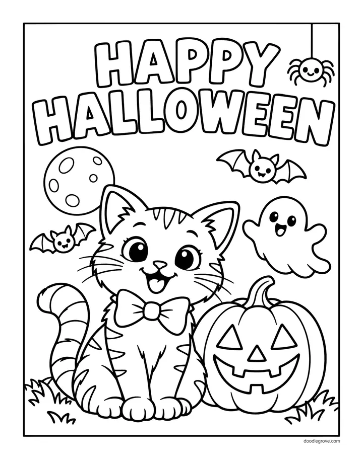 Happy Halloween Cat coloring page: a smiling kitten with a bow sits by a jack-o'-lantern with a little ghost, bats and a Happy Halloween banner