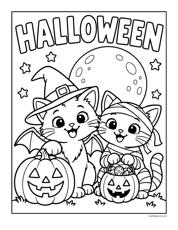 Halloween Kitten Friends coloring page: two kittens in witch hats stand with jack-o'-lanterns under a full moon and the word Halloween