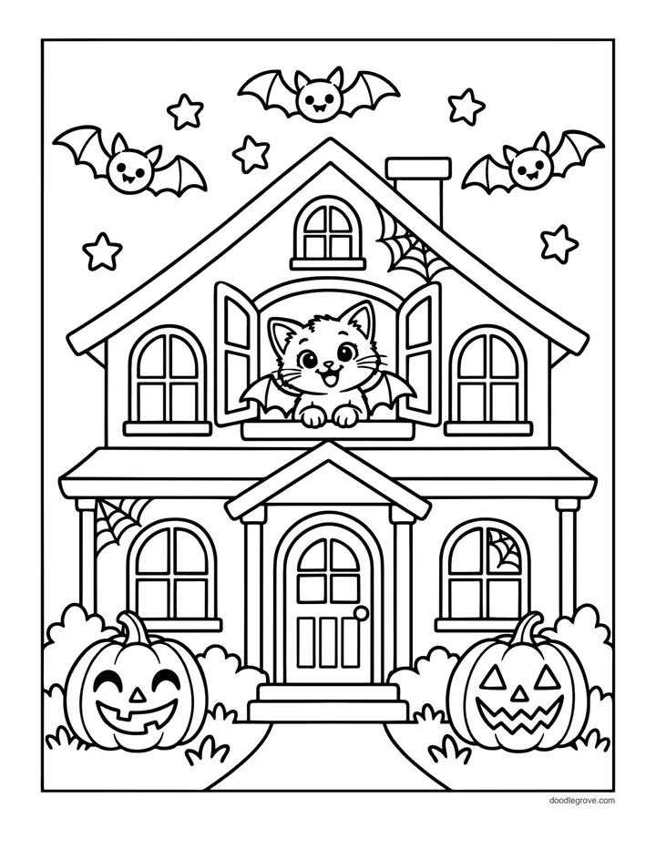 Kitten in the Window coloring page: a kitten peeks from the upstairs window of a spooky house with bats overhead and two jack-o'-lanterns at the door