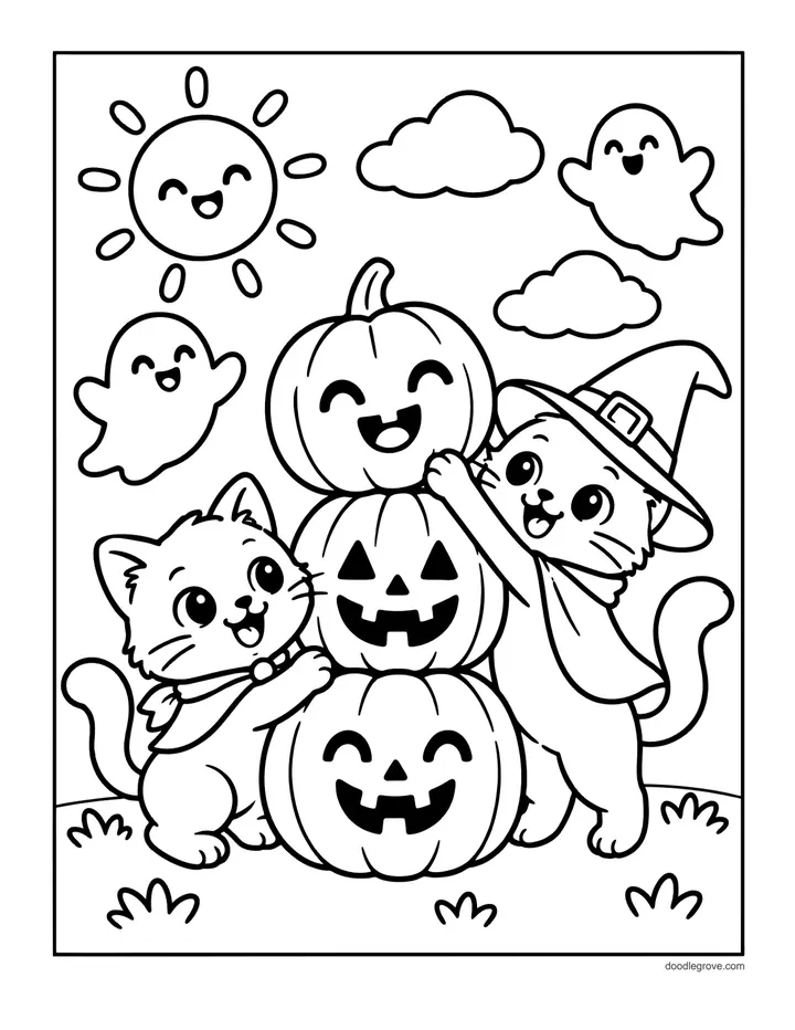 Kittens and the Pumpkin Tower coloring page: three happy kittens stack carved pumpkins in the daytime with smiling ghosts and a sun