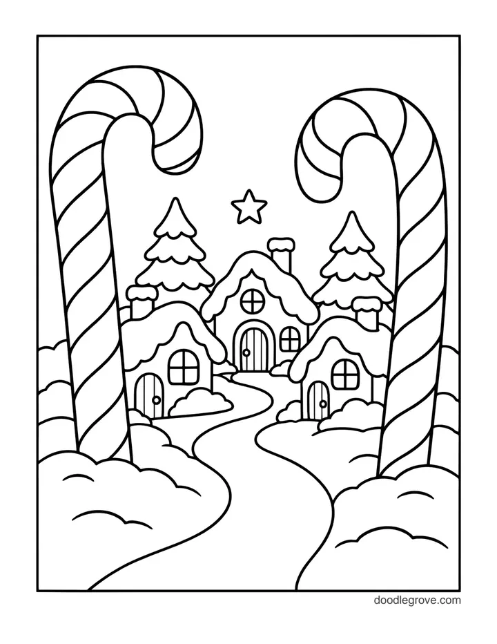 Candy Cane Village coloring page: two giant candy canes framing a small snowy village of cottages and pine trees along a winding path