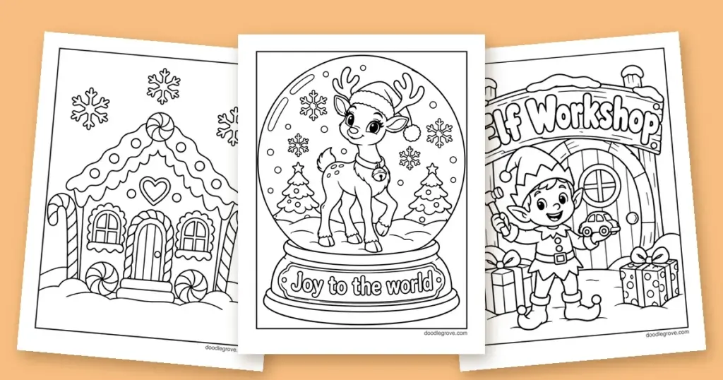 Three Christmas coloring pages fanned out: a reindeer snow globe, a candy cane gingerbread house and an elf outside the Elf Workshop
