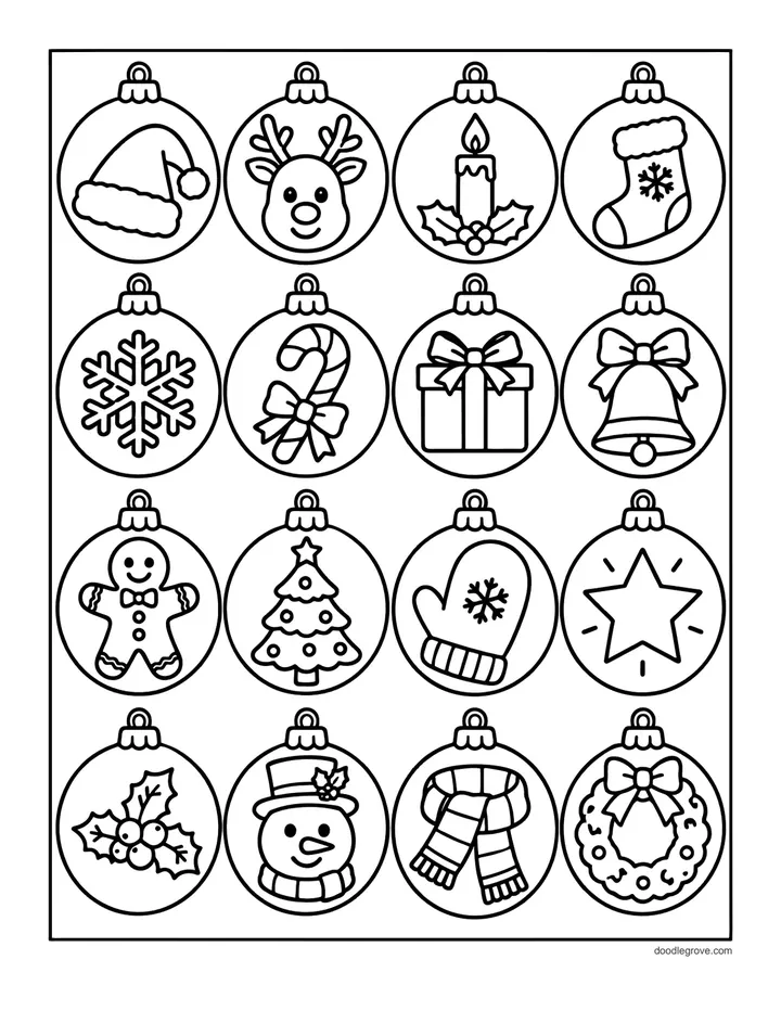Christmas Ornament Sheet coloring page: sixteen round ornaments, each with a small picture such as a Santa hat, a reindeer, a stocking, a snowflake, a gingerbread man and a snowman