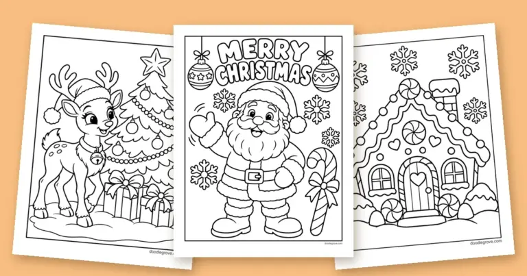 Three December coloring pages fanned out: a waving Merry Christmas Santa, a baby reindeer by a decorated tree, and a peppermint gingerbread house