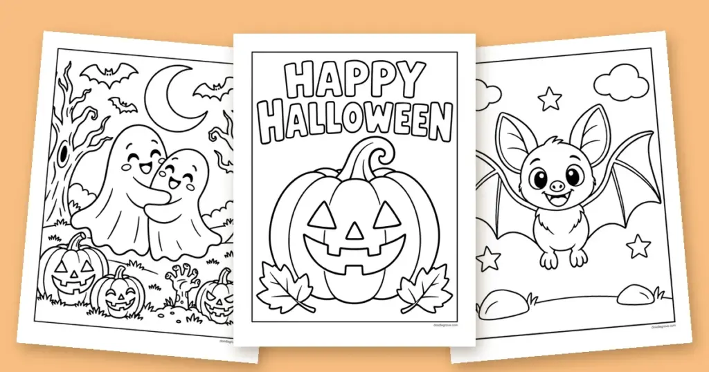 Three Halloween coloring pages fanned out: a smiling jack-o'-lantern, two ghosts hugging, and a cute smiling bat