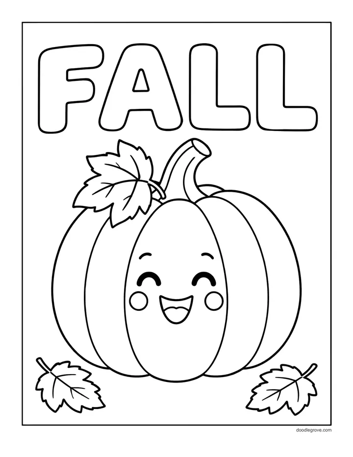 Smiling Pumpkin coloring page: a single round pumpkin with a happy face and a leaf on top, with maple leaves beside it