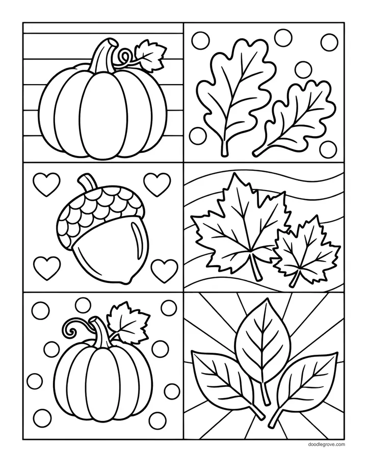 Fall Pattern Squares coloring page: six squares holding pumpkins, acorns and leaves on different patterned backgrounds