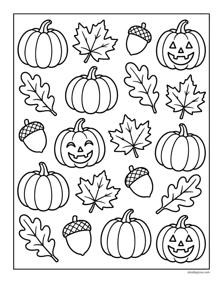 Pumpkins and Jack-o'-Lanterns coloring page: a page scattered with small pumpkins, carved jack-o'-lanterns, acorns and fall leaves