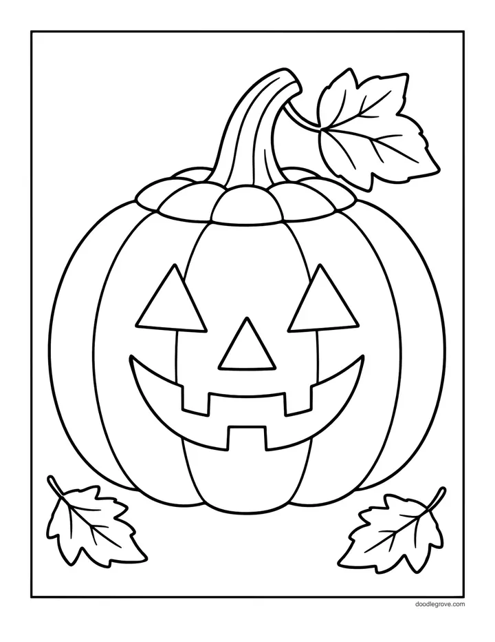 Classic Jack-o'-Lantern coloring page: a single large carved pumpkin with triangle eyes and a toothy grin, a curly stem and one leaf on top