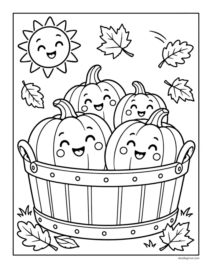 Basket of Happy Pumpkins coloring page: a wooden basket full of smiling pumpkins with a sun and falling leaves above