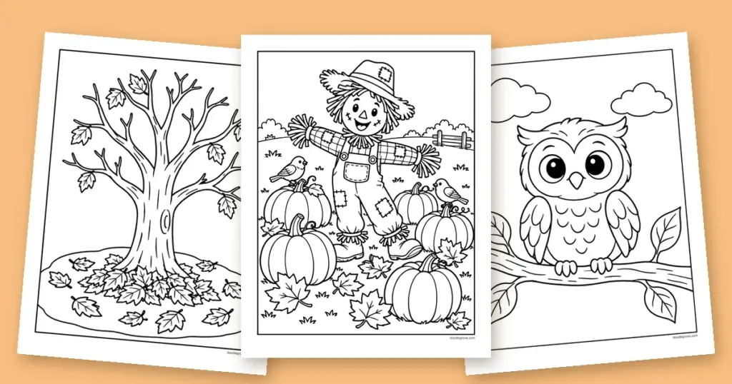 Three fall coloring pages fanned out: a scarecrow in a pumpkin patch, an autumn tree with leaves on the ground, and a cute owl on a branch.
