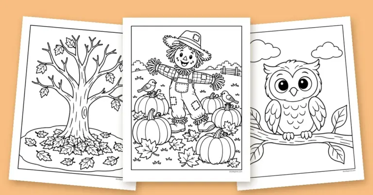 Three fall coloring pages fanned out: a scarecrow in a pumpkin patch, an autumn tree with leaves on the ground, and a cute owl on a branch.