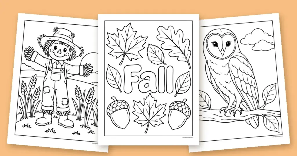 Three fall coloring pages fanned out: a Fall lettering page with maple leaves, a scarecrow in a wheat field, and a barn owl on a branch