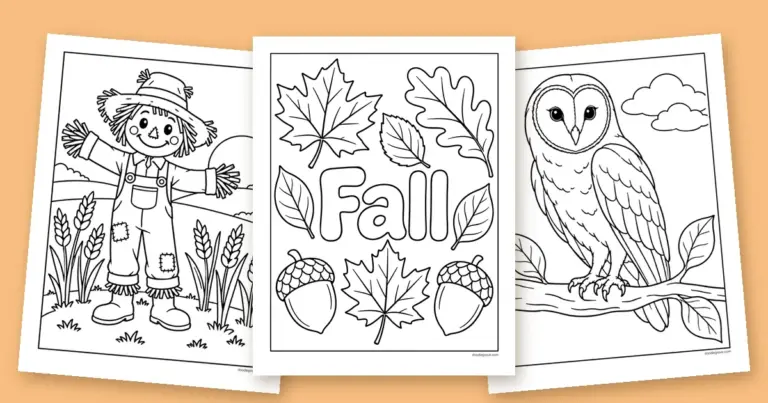 Three fall coloring pages fanned out: a Fall lettering page with maple leaves, a scarecrow in a wheat field, and a barn owl on a branch