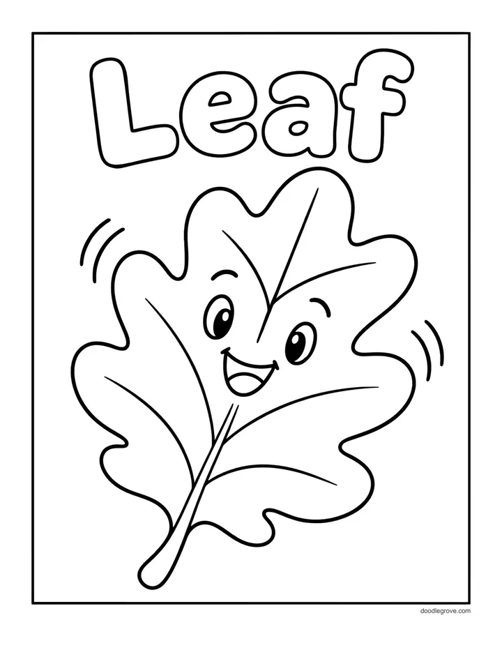Happy Leaf coloring page: a smiling cartoon oak leaf with the word Leaf above it