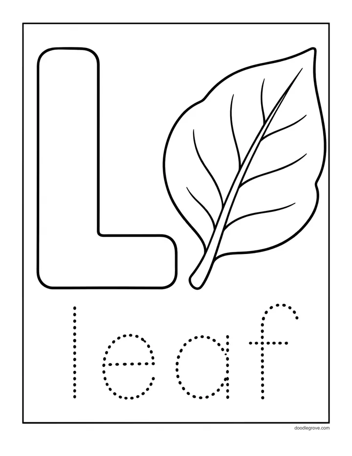 L Is for Leaf coloring page: a big capital letter L next to a single leaf, with the word leaf to trace below