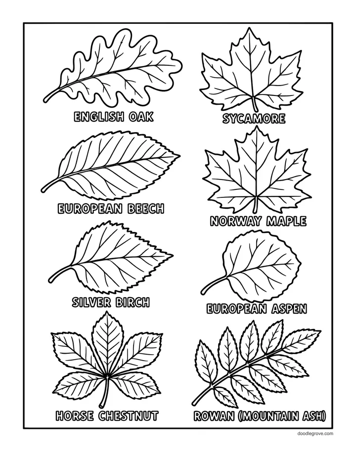 Leaves of European Trees coloring page: a labeled chart of eight tree leaf outlines including oak, maple, beech and birch