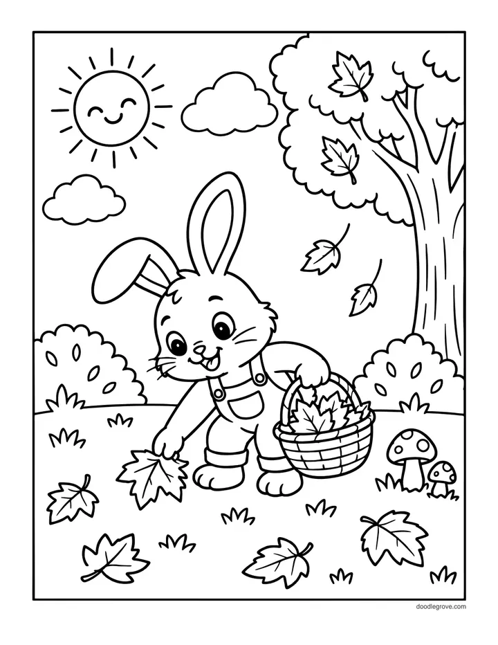 Bunny Gathering Leaves coloring page: a bunny with a basket under a tree as leaves fall